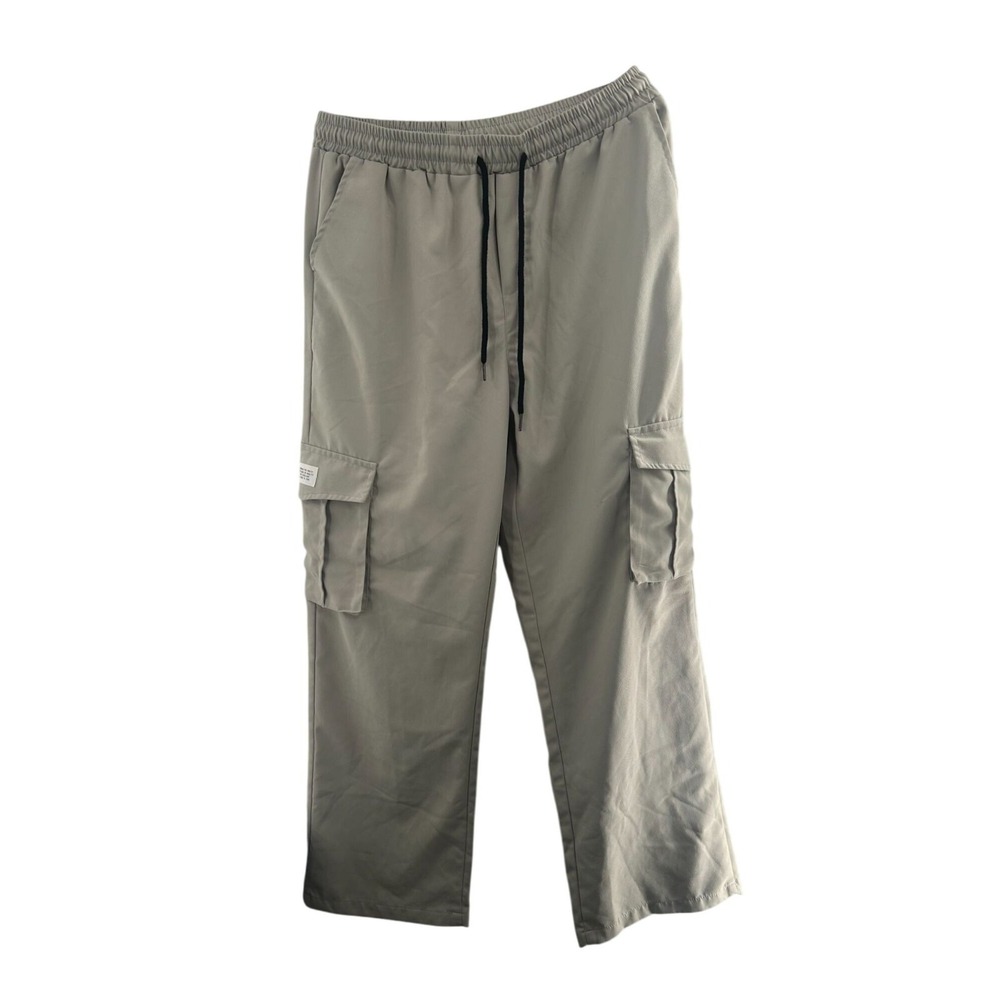 Mens Shein Cargo Pants Light Gray Elastic Waist Drawstring L Pockets Relaxed Fit